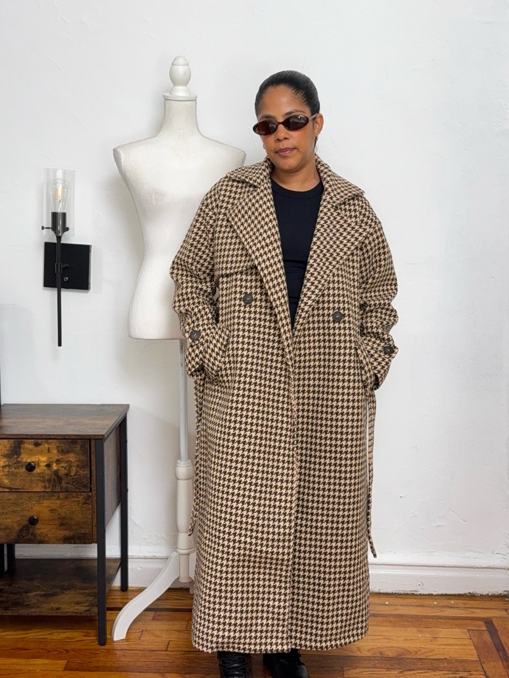 Cider Houndstooth Trench Coat - Brown/Black